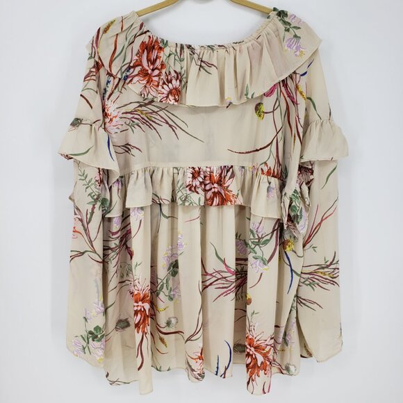 H&M Floral Print Ruffle Trim Blouse Top XL Womens Long Sleeve Cream - Picture 2 of 7
